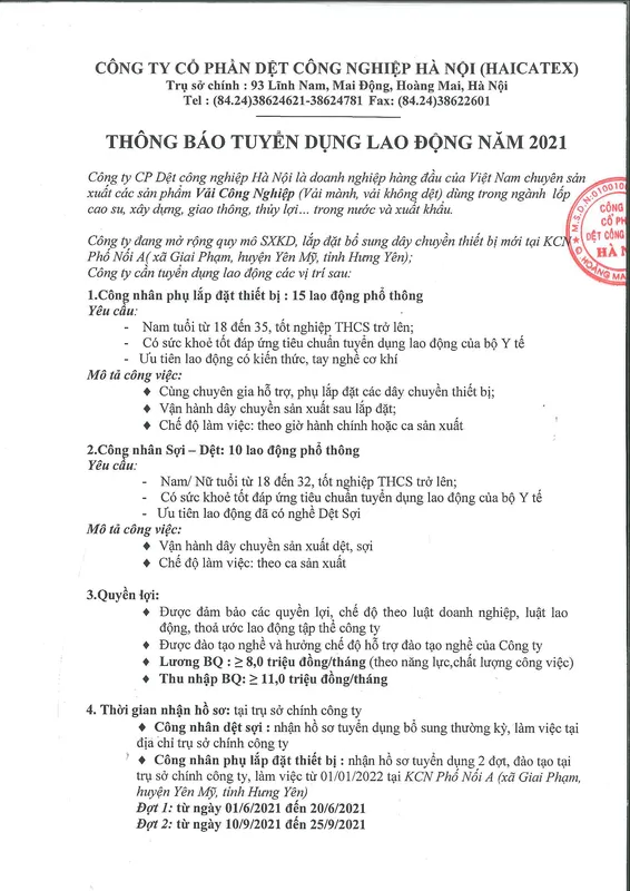 Sản phẩm 1618560899_Tuyen dung 1 — Vải Địa Kỹ Thuật Hà Nội - Công Ty Cổ Phần Dệt Công Nghiệp Hà Nội — MST 0100100985
