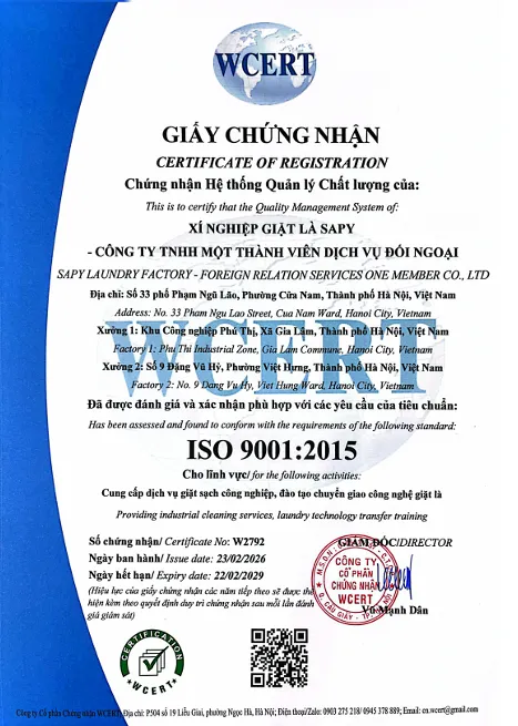 Sản phẩm wcert — Xí Nghiệp Giặt Là Sapy - Công Ty TNHH MTV Dịch Vụ Đối Ngoại — MST 0100107645