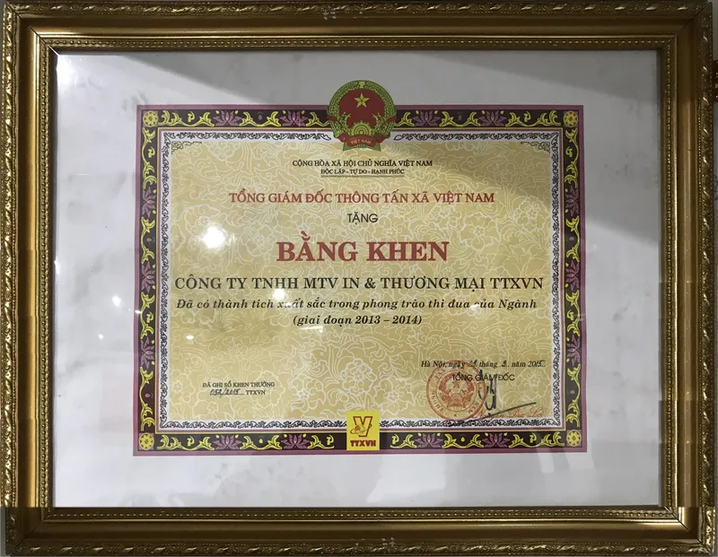Sản phẩm bang khen 04 — Công Ty TNHH MTV In Và Thương Mại TTXVN — MST 0100107680