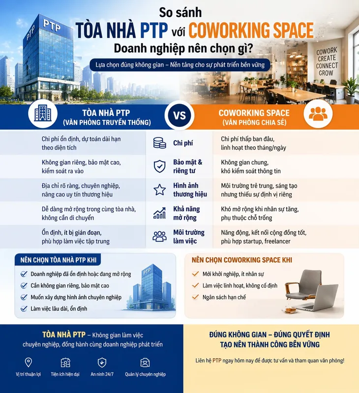 Sản phẩm so sanh toa nha ptp voi coworking space doanh nghiep nen chon gi — Công Ty Cổ Phần PTP — MST 0100687474