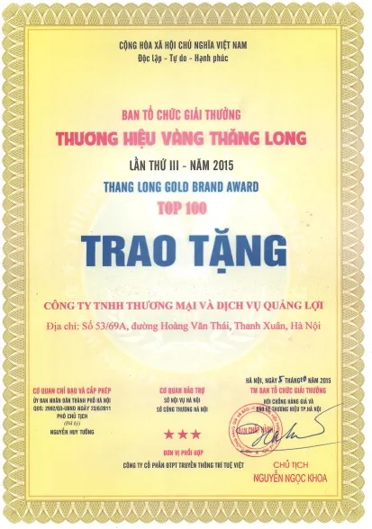 Sản phẩm giai thuong thuong hieu vang — Công Ty TNHH Thương Mại Và Dịch Vụ Quảng Lợi — MST 0101292334