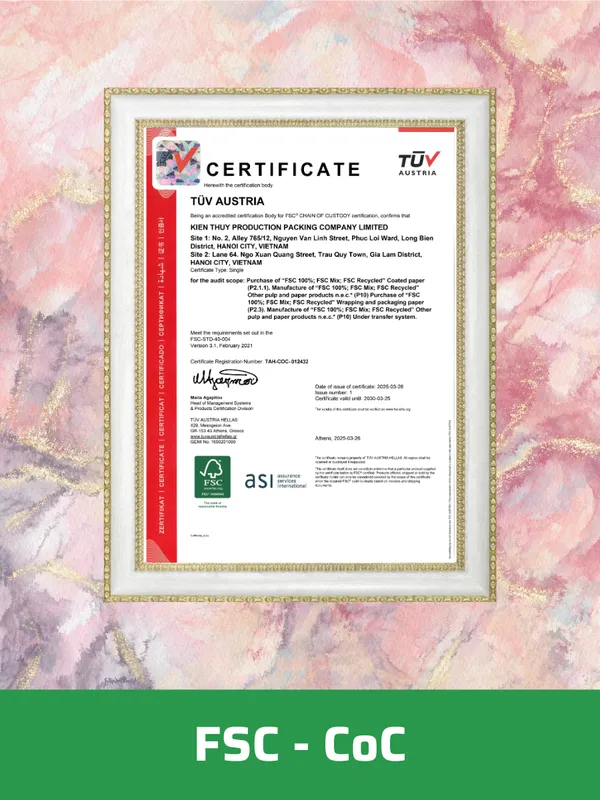 Sản phẩm FSC CoC — Phụ Liệu May Mặc Kiên Thủy - Công Ty TNHH SX Bao Bì Kiên Thủy — MST 0102356502