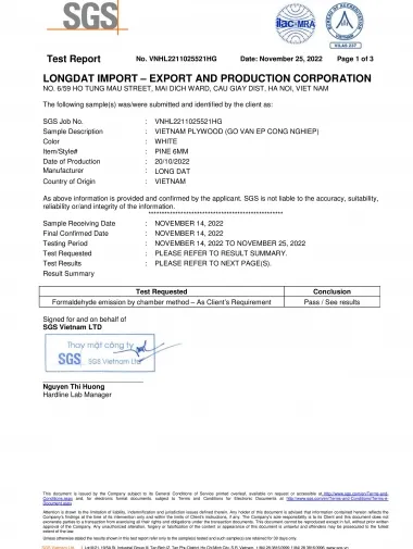 Sản phẩm sgs test longdat plywood 6mmpage001 63 — Công Ty Cổ Phần Sản Xuất và Xuất Nhập Khẩu Long Đạt — MST 0103240765