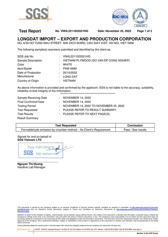 Sản phẩm sgs test longdat plywood 6mmpage001 63 — Công Ty Cổ Phần Sản Xuất và Xuất Nhập Khẩu Long Đạt — MST 0103240765