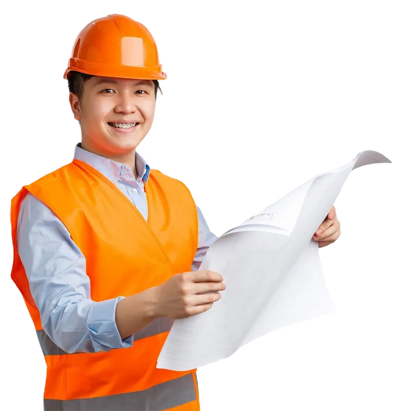 Sản phẩm building sector industrial workers concept confident smiling asian architect chief engineer helmet reflective jacket holding blueprints inspecting enterprise white wall — HACOELEC - Công Ty Cổ Phần Cơ Điện Và Xây Dựng Hà Nội — MST 0104064784