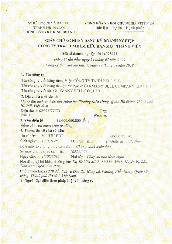 Sản phẩm Giay Dki doanh nghiep 1 — Công Ty TNHH Bell Đức — MST 0104075673