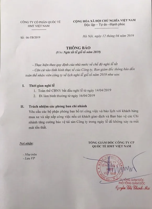 Sản phẩm thong bao nghi le gio to hung vuong — Công Ty CP Quốc Tế HMT Việt Nam — MST 0104095870