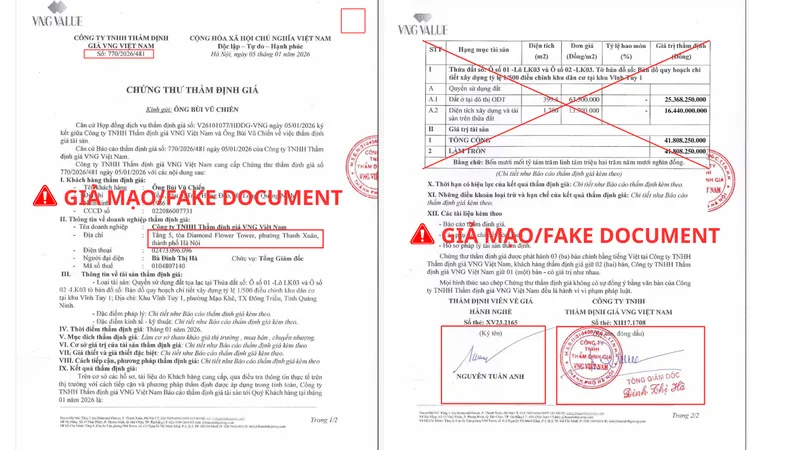 Sản phẩm fake document — Công ty TNHH Thẩm Định Giá VNG Việt Nam — MST 0104807140
