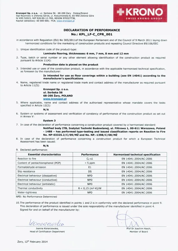 Sản phẩm ch ng ch kronpol declaration of performance kronopol 1 — Công Ty TNHH Đầu Tư Thương Mại Và Dịch Vụ Bách Lộc — MST 0106620388
