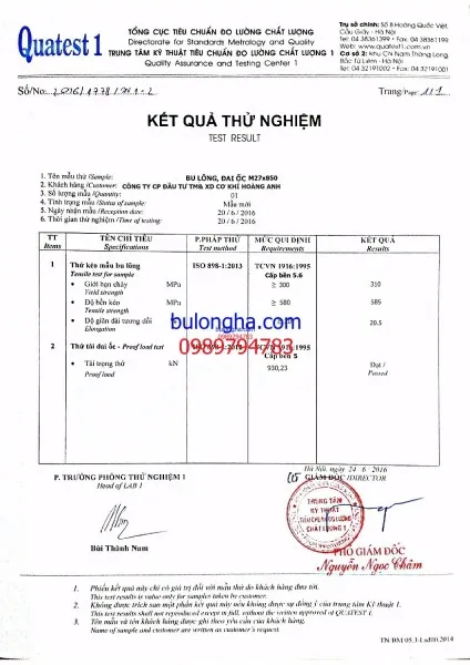 Sản phẩm kq test bl m27x850 — Công Ty Cổ Phần Đầu Tư Thương Mại Và Xây Dựng Cơ Khí Hoàng Anh — MST 0106751694