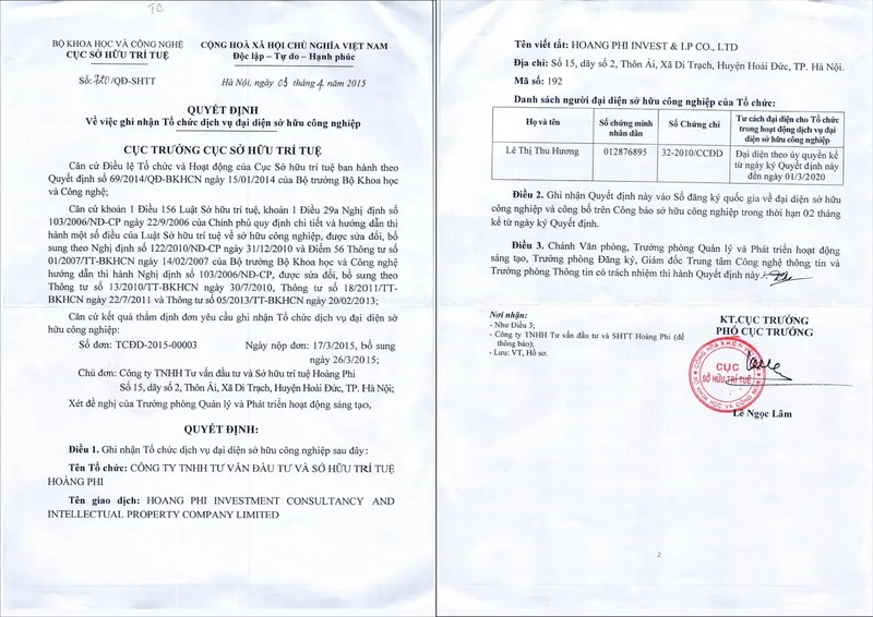 Sản phẩm Quyet dinh ghi nhan dai dien SHTT file Anh 1 1 — Công Ty TNHH Tư Vấn Đầu Tư & Sở Hữu Trí Tuệ Hoàng Phi — MST 0106770954