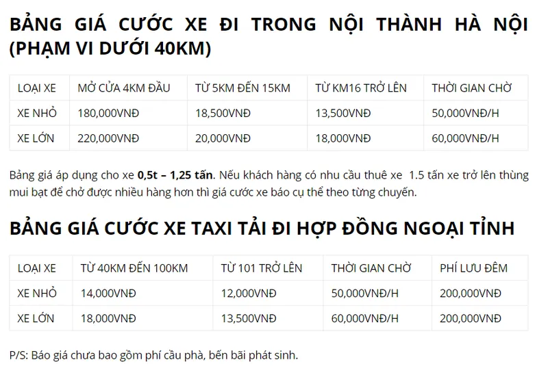 Sản phẩm bao gia taxitaiphilong2020 — Taxi Tải Phi Long - Công Ty Cổ Phần Thương Mại Dịch Vụ Vận Tải Và Xây Dựng Phi
Long — MST 0107332833