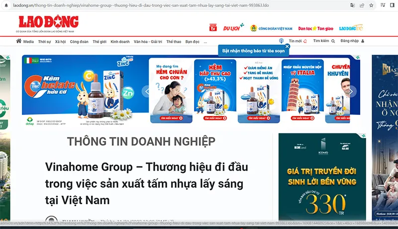 Sản phẩm bao lao dong dua tin vinahome — Tấm Lợp Lấy Sáng VinaHome - Công Ty Cổ Phần Tập Đoàn VinaHome — MST 0107546793