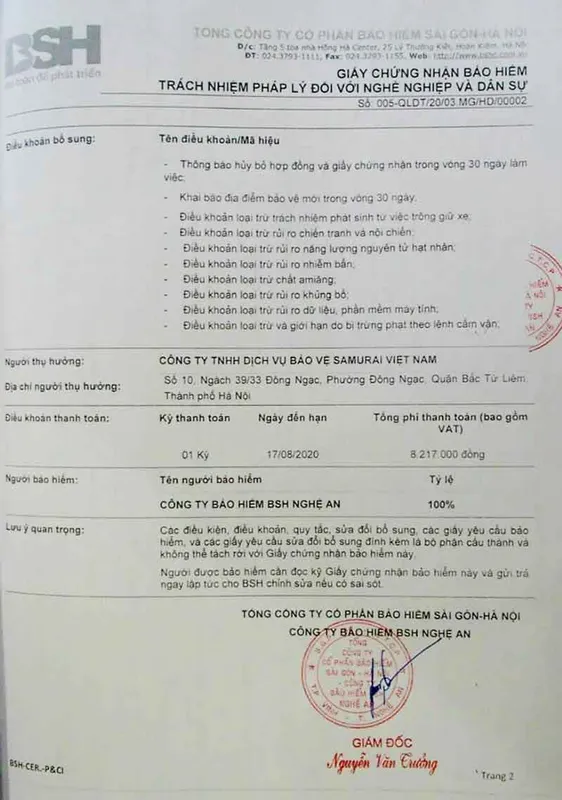 Sản phẩm bao hiem trach nhiem san su bao ve samurai 2 — Công Ty TNHH Dịch Vụ Bảo Vệ Samurai Việt Nam — MST 0107579037