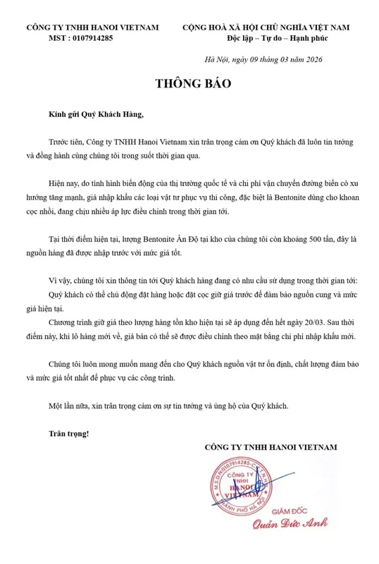 Sản phẩm thong bao ve gia bentonite an do tai hanoi vietnam — Công Ty TNHH Hanoi Vietnam — MST 0107914285