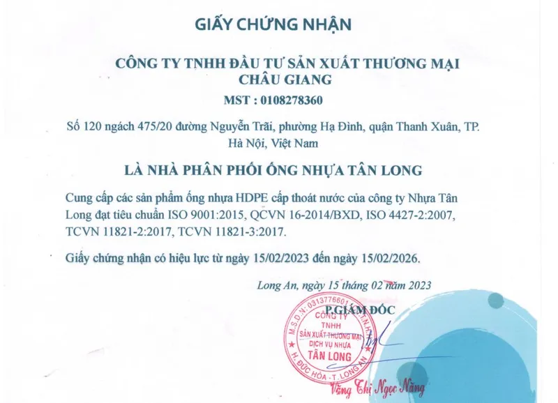 Sản phẩm GCN Tan Long CG 2023 1024x740 — ống Nhựa EVNPIPE - Công Ty TNHH Đầu Tư Sản Xuất Thương Mại Châu Giang — MST 0108278360