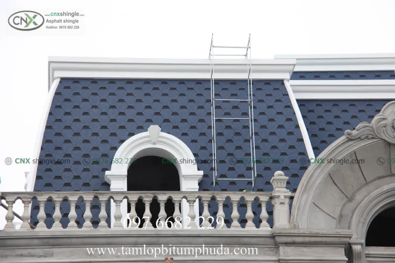 Sản phẩm ngoi bitum cnx luc giac mosaic ocean blue dang cap mai mansard — Ngói Bitum Phủ Đá - Công Ty TNHH Đầu Tư Và Sản Xuất Công Nghệ Xanh — MST 0108349452