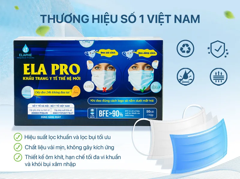 Sản phẩm 0511 19 Khau trang Ela Pro 50c — Công Ty Cổ Phần Dược Phẩm ELAPHE — MST 0108541621