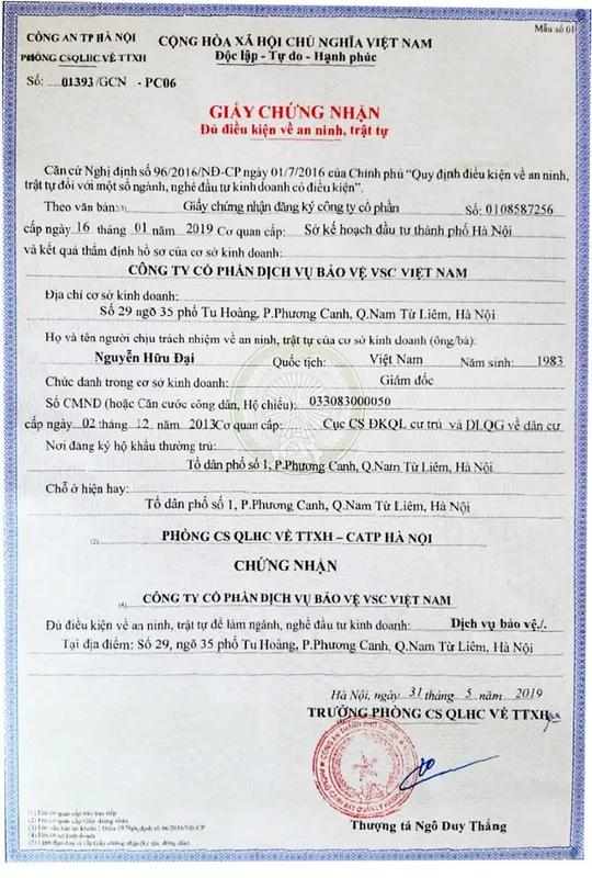 Sản phẩm ho so phap ly — Công Ty Cổ Phần Dịch Vụ Bảo Vệ VSC Việt Nam — MST 0108587256