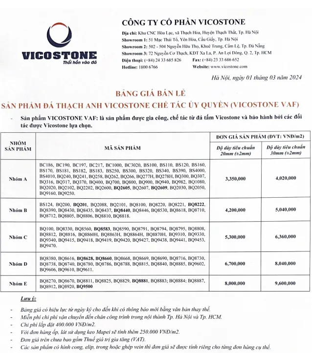 Sản phẩm bao gia da vicostone — Công Ty TNHH Dịch Vụ Và Thương Mại ROYAL STONE — MST 0108753601