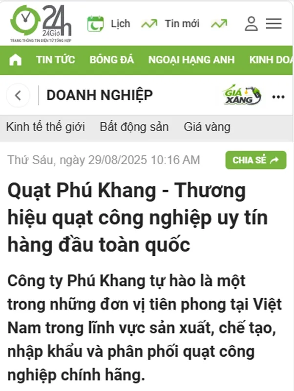 Sản phẩm anh bao 24h ve quat phu khang — Công Ty TNHH Đầu Tư Và Phát Triển Dịch Vụ Phú Khang — MST 0109563191