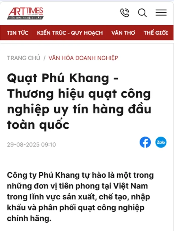 Sản phẩm arttimes noi ve quat phu khang — Công Ty TNHH Đầu Tư Và Phát Triển Dịch Vụ Phú Khang — MST 0109563191