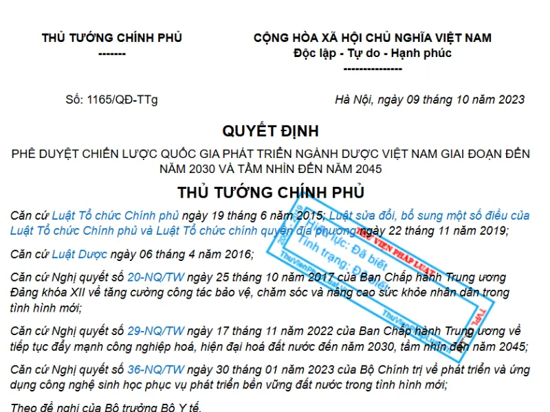 Sản phẩm hinh anh trang dau van ban qd so 1165qdttg cua thu tuong ve chien luoc phat trien nganh duoc viet nam den nam 2030 tam nhin 2045 tecova — Công Ty Cổ Phần Công Nghệ Tecova — MST 0109664672