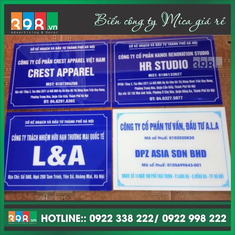 Sản phẩm Biển tên công ty bằng Mica Mẫu 1 — Công Ty TNHH Quảng Cáo & Nội Thất 398 — MST 0110093857