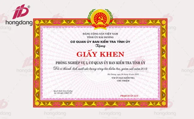 Sản phẩm in nhanh giay khen — Công Ty Cổ Phần Thiết Kế In HD — MST 0110148873