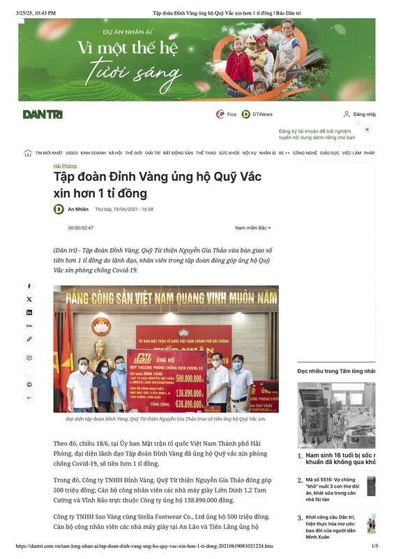 Sản phẩm Tap doan Dinh Vang ung ho Quy Vac xin hon 1 ti dong _ Bao Dan tri 1 — Giày Dép Đỉnh Vàng - Công Ty TNHH Đỉnh Vàng — MST 0200269921