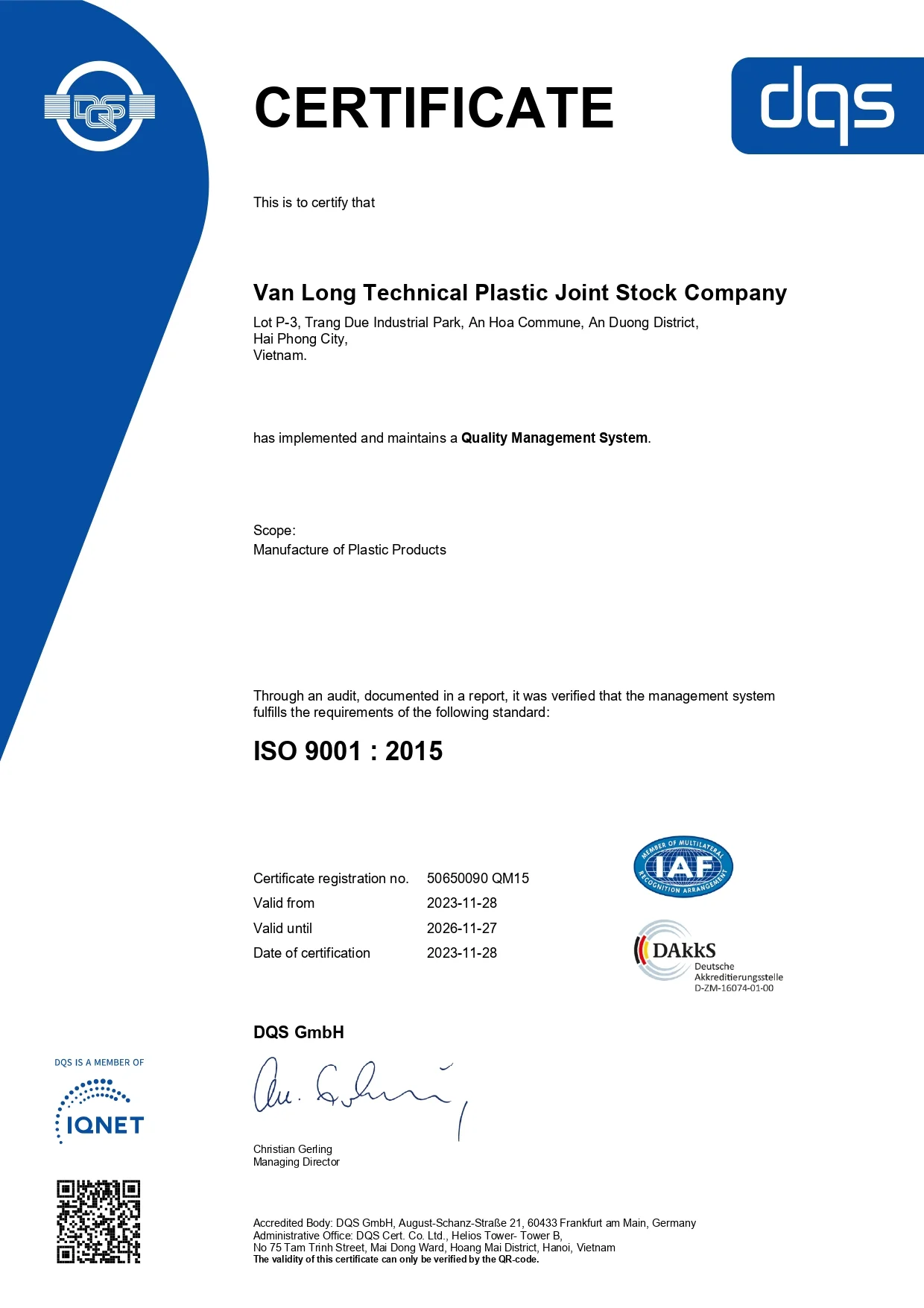 Sản phẩm iso 9001 qm15 50650090 van long tech qm15 en page 0001.jpg — Nhựa Vân Long - Công Ty TNHH Vân Long — MST 0200367100