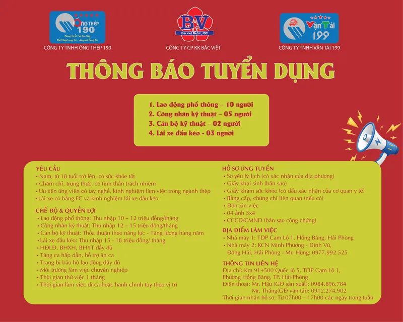 Sản phẩm 5668tuyen dung viec lam — Thép 190 - Công Ty TNHH ống Thép 190 — MST 0200414657