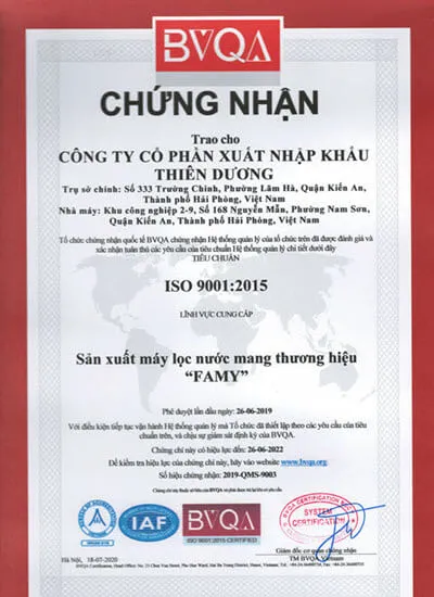 Sản phẩm chung chi iso 9001 2015 may loc nuoc famy ban tieng viet 500px — Máy Lọc Nước Famy - Công Ty Cổ Phần Xuất Nhập Khẩu Thiên Dương — MST 0200761900