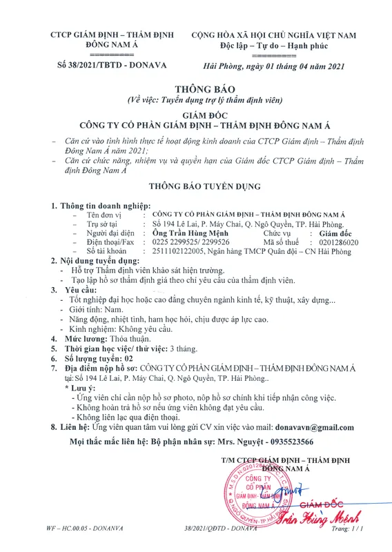 Sản phẩm thong bao tuyen dung 2021 — Công Ty CP Giám Định - Thẩm Định Đông Nam á — MST 0201286020