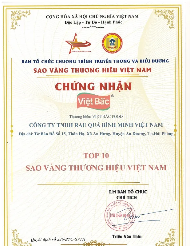 Sản phẩm CN Sao vàng đất Việt — Công Ty TNHH Rau Quả Bình Minh Việt Nam — MST 0201640232