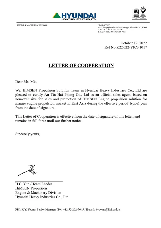 Sản phẩm Letter of cooperation HUYDAI HiMSEN — Công Ty TNHH An Tín Hải Phòng — MST 0201718697