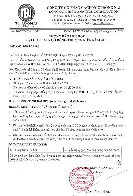 Sản phẩm THONG BAO MOI HOP DHDCD TN NAM 2023 — Gạch Ngói Đồng Nai TUILDONAI - Công Ty CP Gạch Ngói Đồng Nai — MST 0300397028
