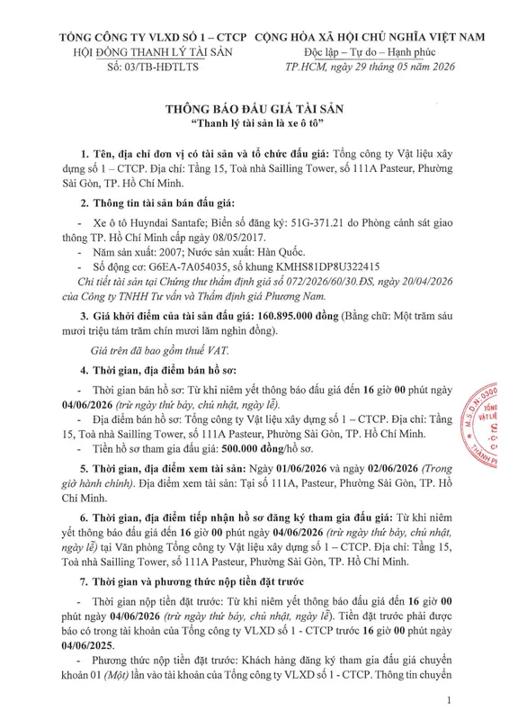Sản phẩm 20260529 03tb hdtlts thong bao dau gia tai san xe oto santafe — Tổng Công Ty Vật Liệu Xây Dựng Số 1 - Công Ty Cổ Phần (FICO) — MST 0300402493