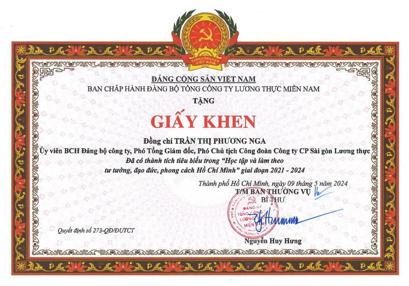 Sản phẩm giay khen 1 — Công Ty Cổ Phần Sài Gòn Lương Thực — MST 0300606715