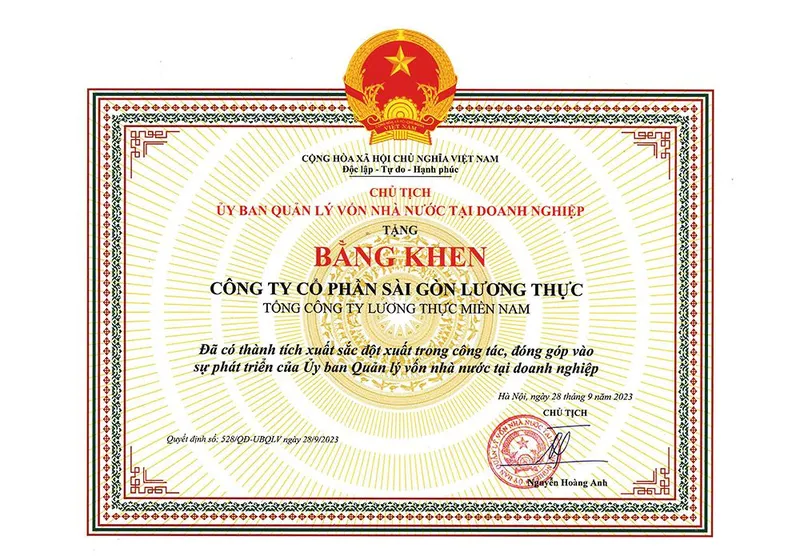 Sản phẩm giay khen 2 — Công Ty Cổ Phần Sài Gòn Lương Thực — MST 0300606715