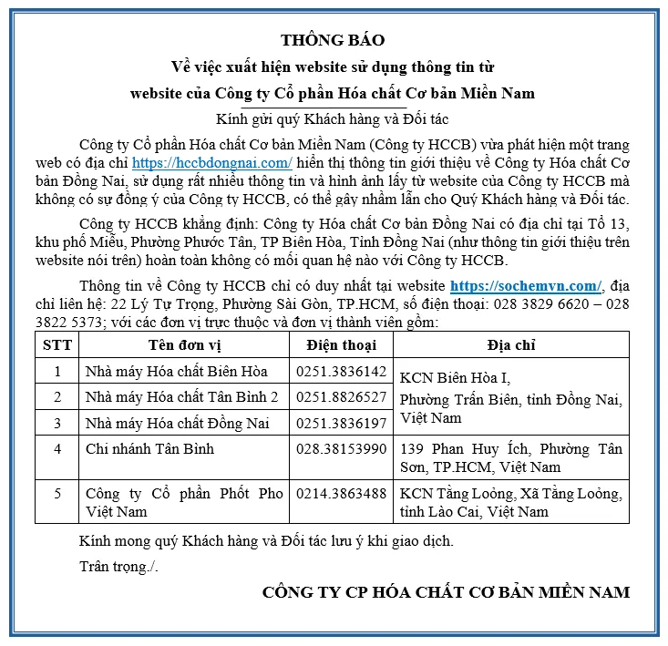 Sản phẩm CanhBaoWebHCCBDongNai — Hóa Chất Sochemvn - Công Ty Cổ Phần Hóa Chất Cơ Bản Miền Nam — MST 0301446260