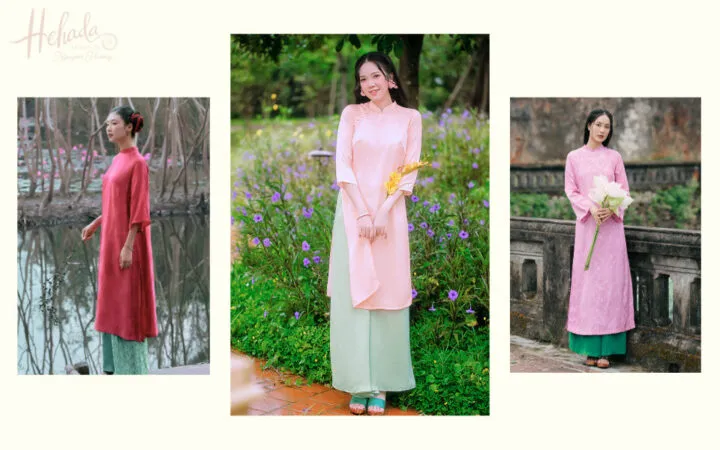 Sản phẩm ao dai hong ket hop voi quan mau xanh la cay tao su tuoi moi — Công Ty CP Tập Đoàn Thời Trang Thái Tuấn — MST 0301455459