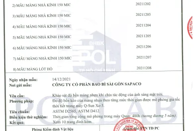 Sản phẩm phieuketquathunghiemmangnhakinh 69423 — Công Ty Cổ Phần Bao Bì Sài Gòn — MST 0301714946