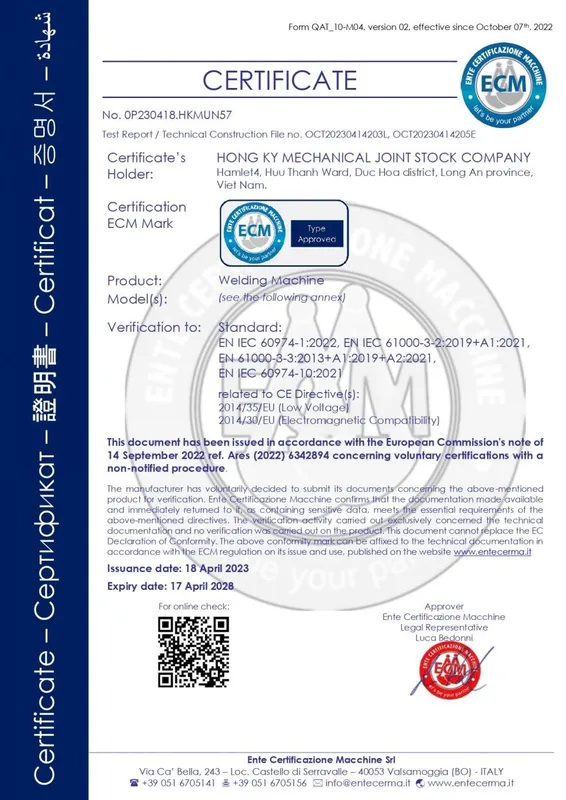 Sản phẩm CE — Công Ty TNHH Sản Xuất Thương Mại Cơ Khí Hồng Ký — MST 0302268557