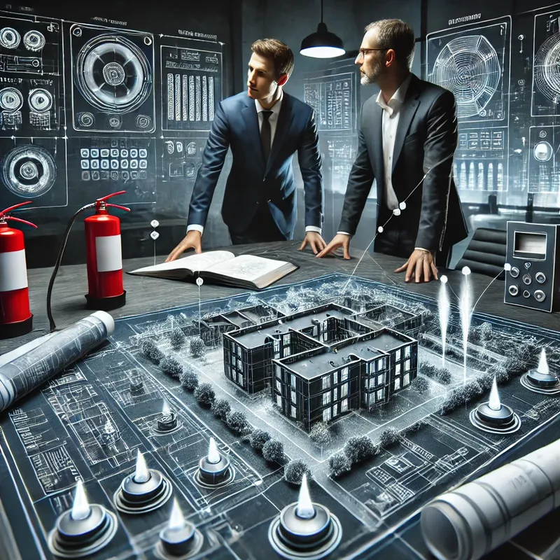Sản phẩm DALL·E 2025 02 10 16.02.48 A conceptual illustration of fire protection system design consulting. The image features an architect and fire safety engineer discussing detailed fi — Công Ty TNHH Thiết Bị Phòng Cháy Chữa Cháy 2-9 — MST 0302415610