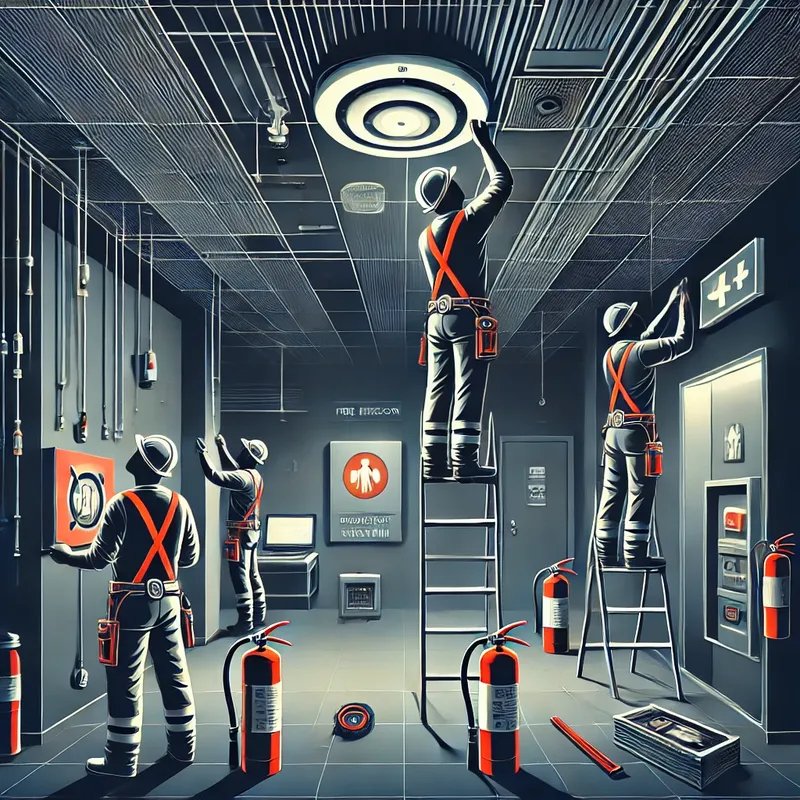 Sản phẩm DALL·E 2025 02 10 16.04.48 An illustration of fire protection system installation in progress. Workers in safety gear are installing fire alarms sprinkler systems and emergenc — Công Ty TNHH Thiết Bị Phòng Cháy Chữa Cháy 2-9 — MST 0302415610