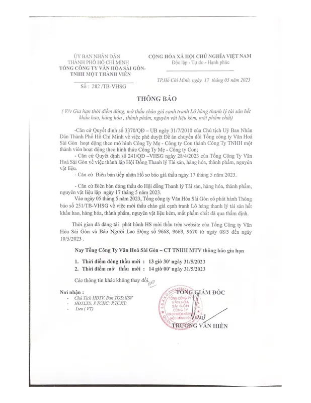 Sản phẩm Thong bao gia han thau — Tổng Công Ty Văn Hóa Sài Gòn — MST 0303158155