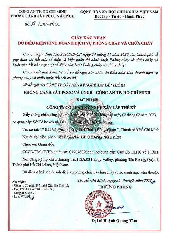 Sản phẩm CONIC GIAY PHEP PCCC 1 900x1260 1 — Công Ty Cổ Phần Kỹ Nghệ Xây Lắp Thế Kỷ — MST 0303972808