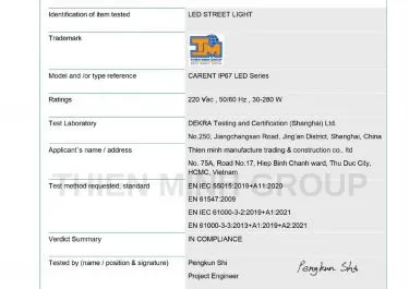 Sản phẩm emc test report den carent ip67 led 1 3249 — Thiên Minh - Công Ty TNHH Sản Xuất Thương Mại Và Xây Dựng Thiên Minh — MST 0304701529
