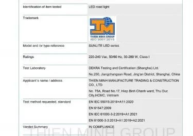 Sản phẩm emc test report den sunlite 1 1960 — Thiên Minh - Công Ty TNHH Sản Xuất Thương Mại Và Xây Dựng Thiên Minh — MST 0304701529